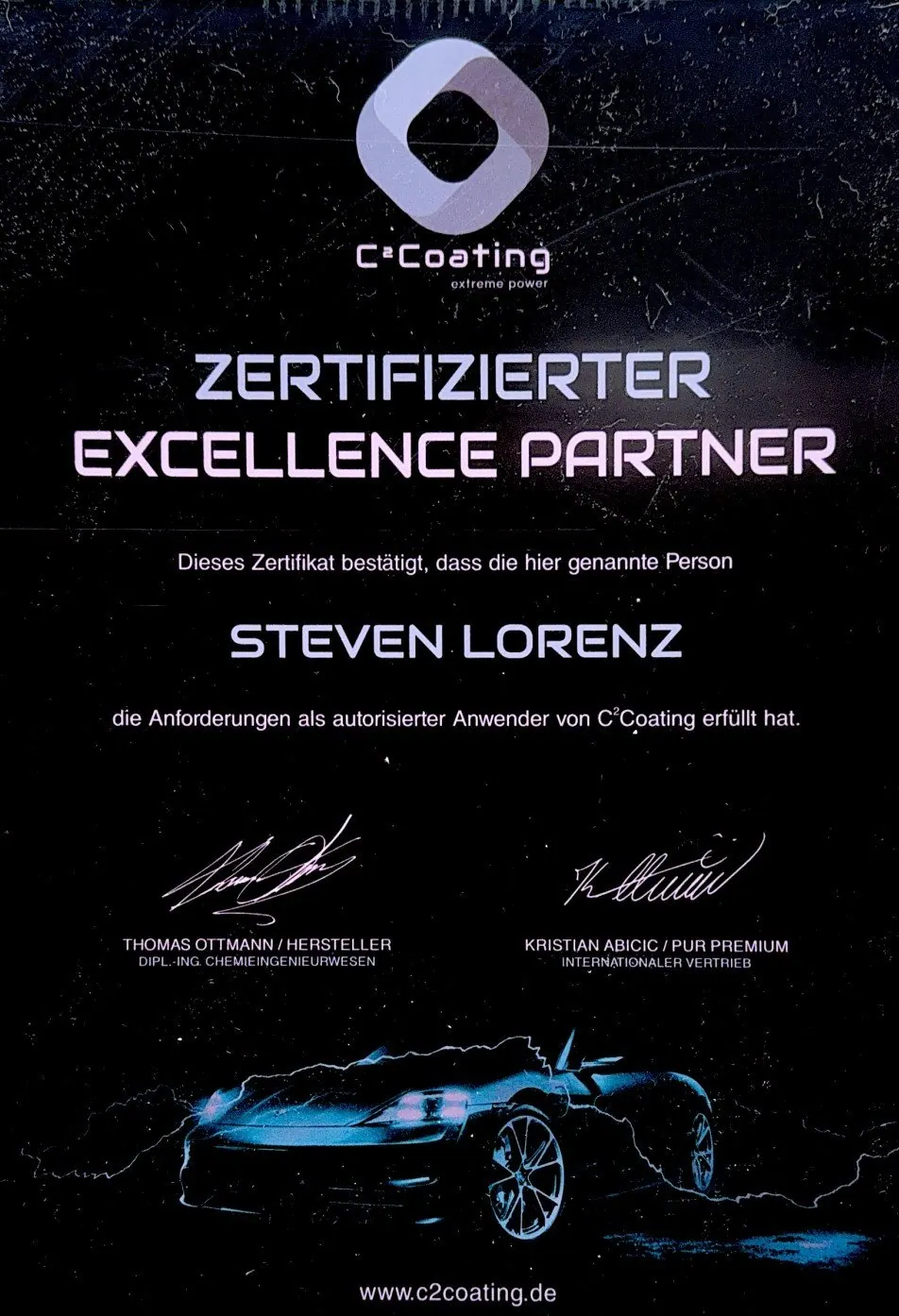 Urkunde C²Coating Zertifizierter Excellence Partner von ShinyDrive in Wuppertal