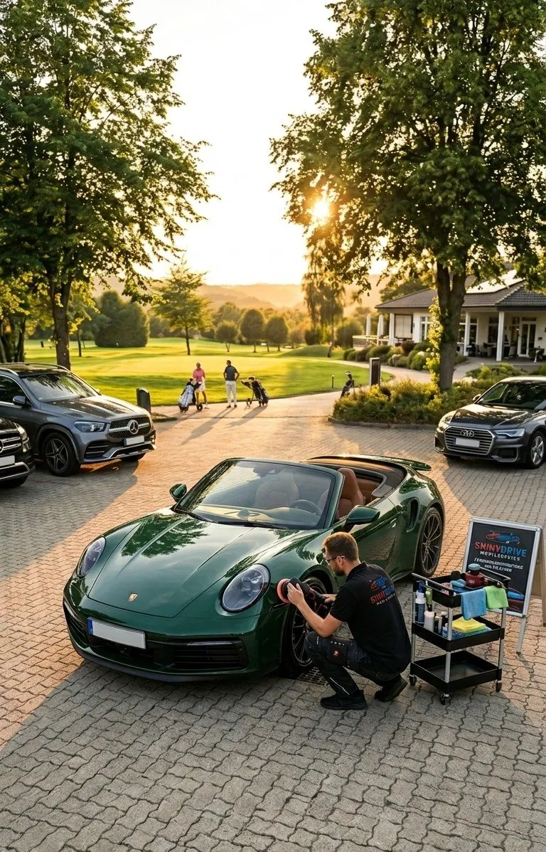 Professionelle Fahrzeugaufbereitung eines grünen Porsche auf dem Golfplatz Parkplatz mit Golfern im Hintergrund